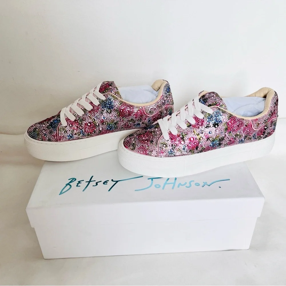 Betsey Johnson Sidny rhinestone floral Pink and Silver Sneakers 6.5 - Picture 5 of 10